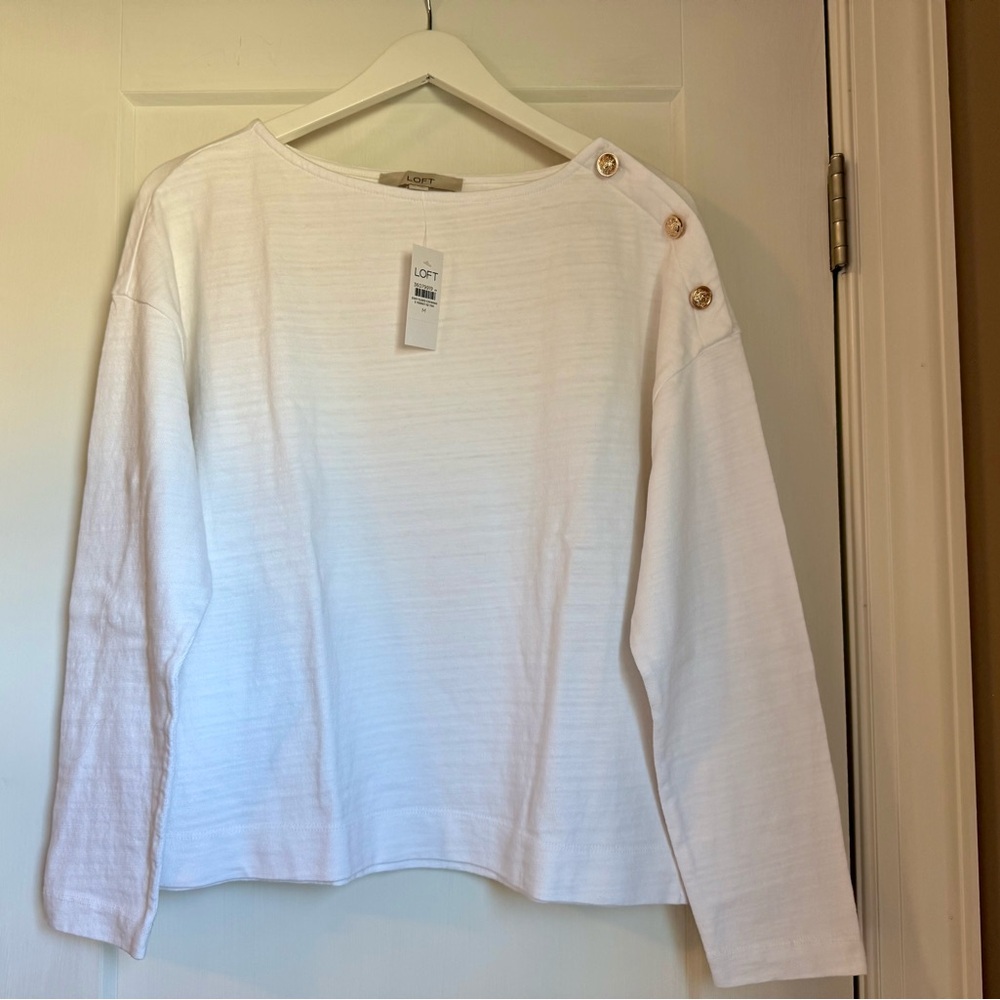 LOFT Cream Button-Accent Long Sleeve Top